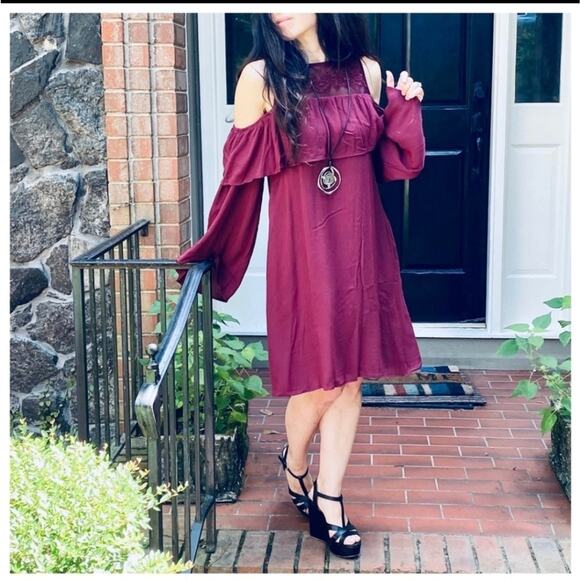 Cold Shoulder Burgundy Dress Long Sleeve Layered Ruffle Detail - Picture 6 of 9